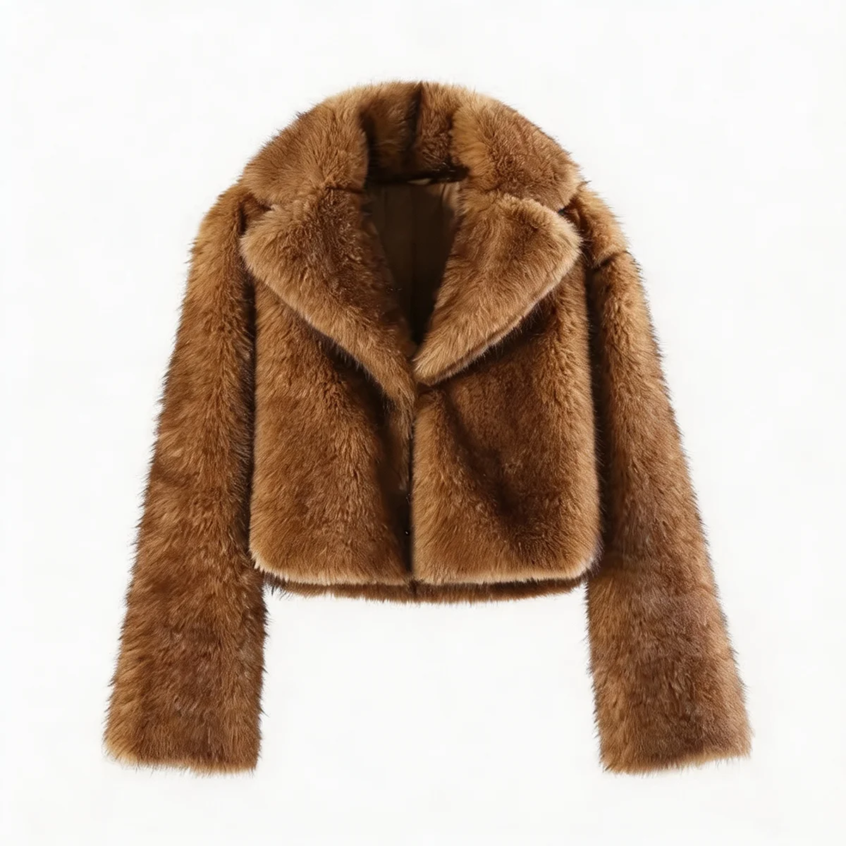 Women Winter 2026 Faux Fur Coat Camel Fluffy Plush Cropped Jacket Open Front Outwear