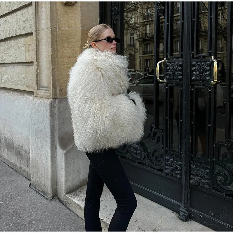 DEAT Fashion Apricot Faux Fur Coat For Women Short Style Imitation Mongolia Sheep Fur Street Cardigan Jacket Winter New 7A1595