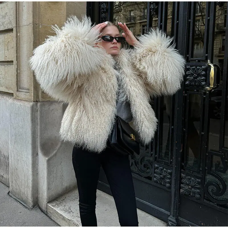DEAT Fashion Apricot Faux Fur Coat For Women Short Style Imitation Mongolia Sheep Fur Street Cardigan Jacket Winter New 7A1595