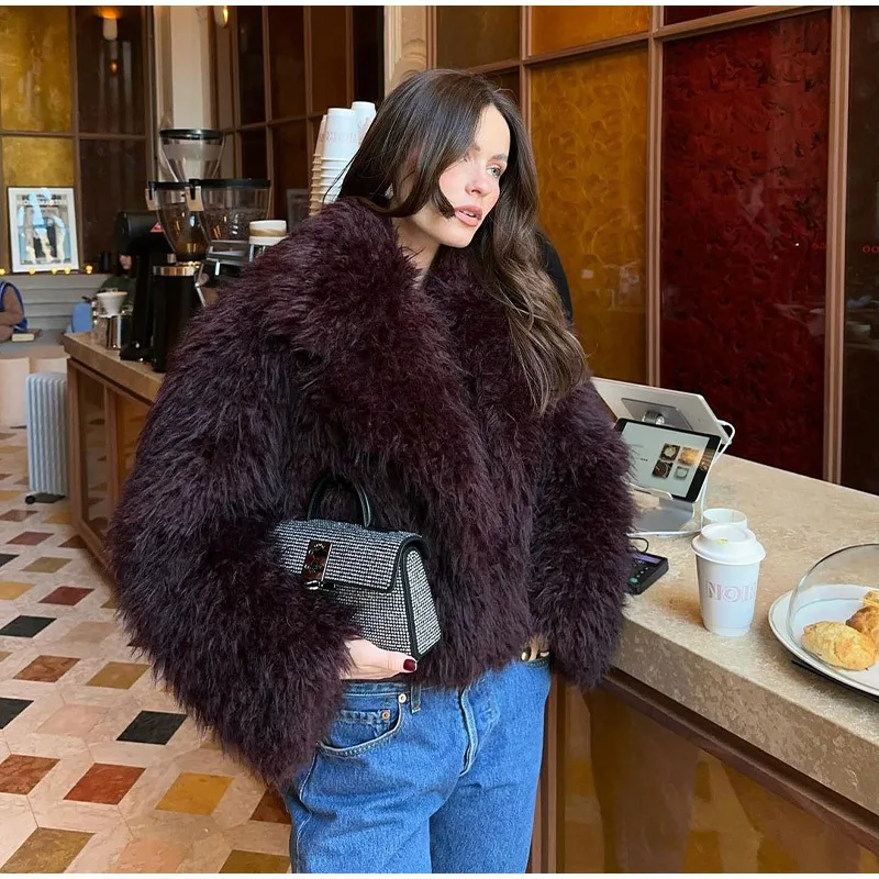 DEAT Fashion Apricot Faux Fur Coat For Women Short Style Imitation Mongolia Sheep Fur Street Cardigan Jacket Winter New 7A1595