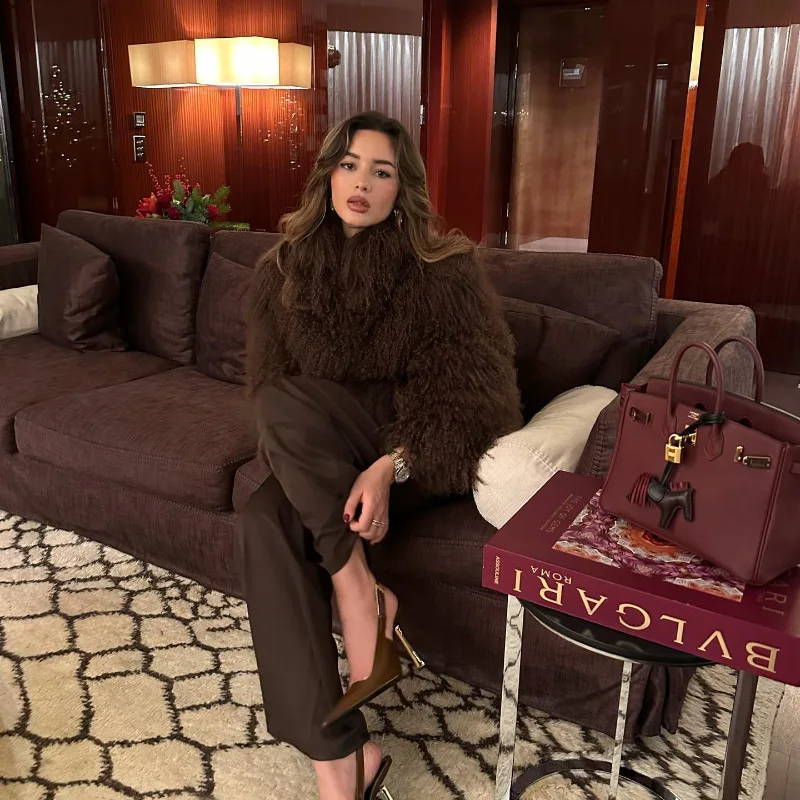 DEAT Fashion Apricot Faux Fur Coat For Women Short Style Imitation Mongolia Sheep Fur Street Cardigan Jacket Winter New 7A1595