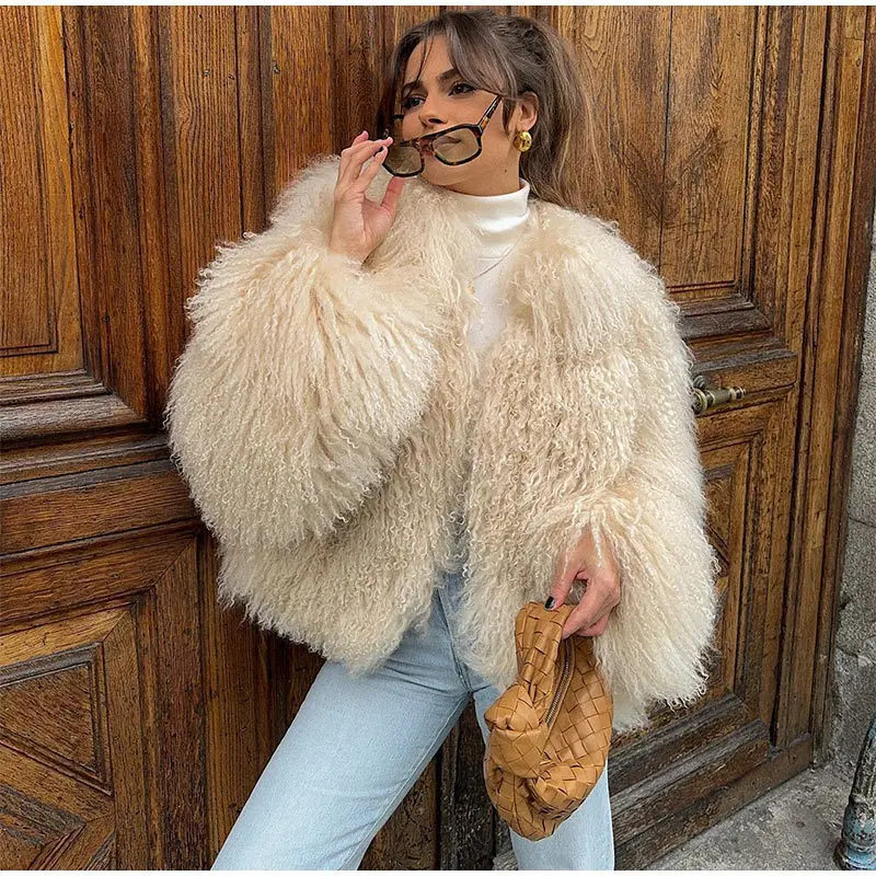 DEAT Fashion Apricot Faux Fur Coat For Women Short Style Imitation Mongolia Sheep Fur Street Cardigan Jacket Winter New 7A1595