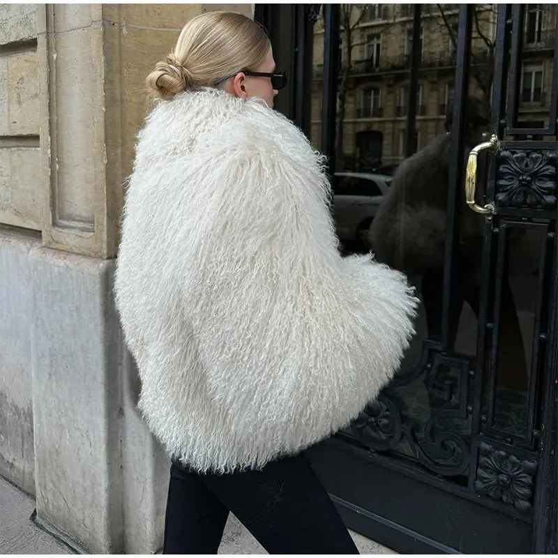 DEAT Fashion Apricot Faux Fur Coat For Women Short Style Imitation Mongolia Sheep Fur Street Cardigan Jacket Winter New 7A1595