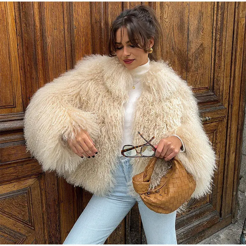 DEAT Fashion Apricot Faux Fur Coat For Women Short Style Imitation Mongolia Sheep Fur Street Cardigan Jacket Winter New 7A1595