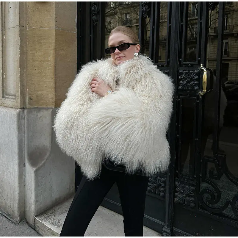 DEAT Fashion Apricot Faux Fur Coat For Women Short Style Imitation Mongolia Sheep Fur Street Cardigan Jacket Winter New 7A1595