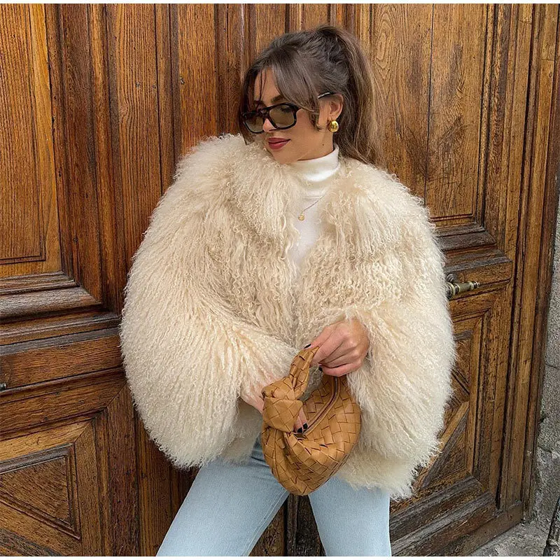 DEAT Fashion Apricot Faux Fur Coat For Women Short Style Imitation Mongolia Sheep Fur Street Cardigan Jacket Winter New 7A1595