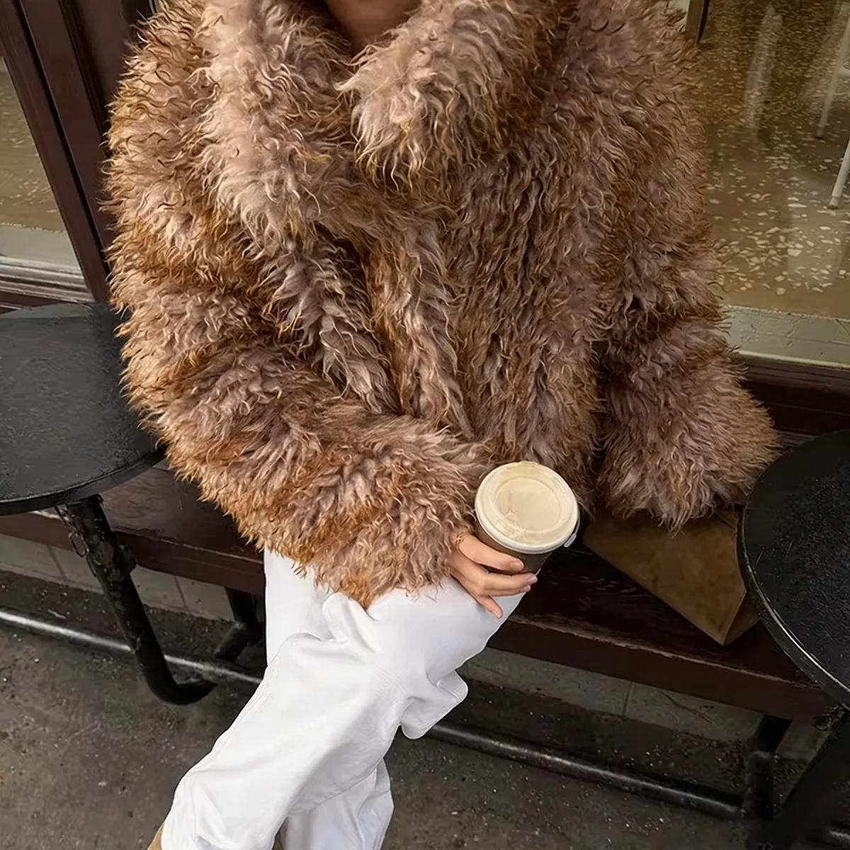 Women Winter 2026 Curly Faux Fur Coat Warm Fluffy Plush Jacket Lapel Brown Outerwear