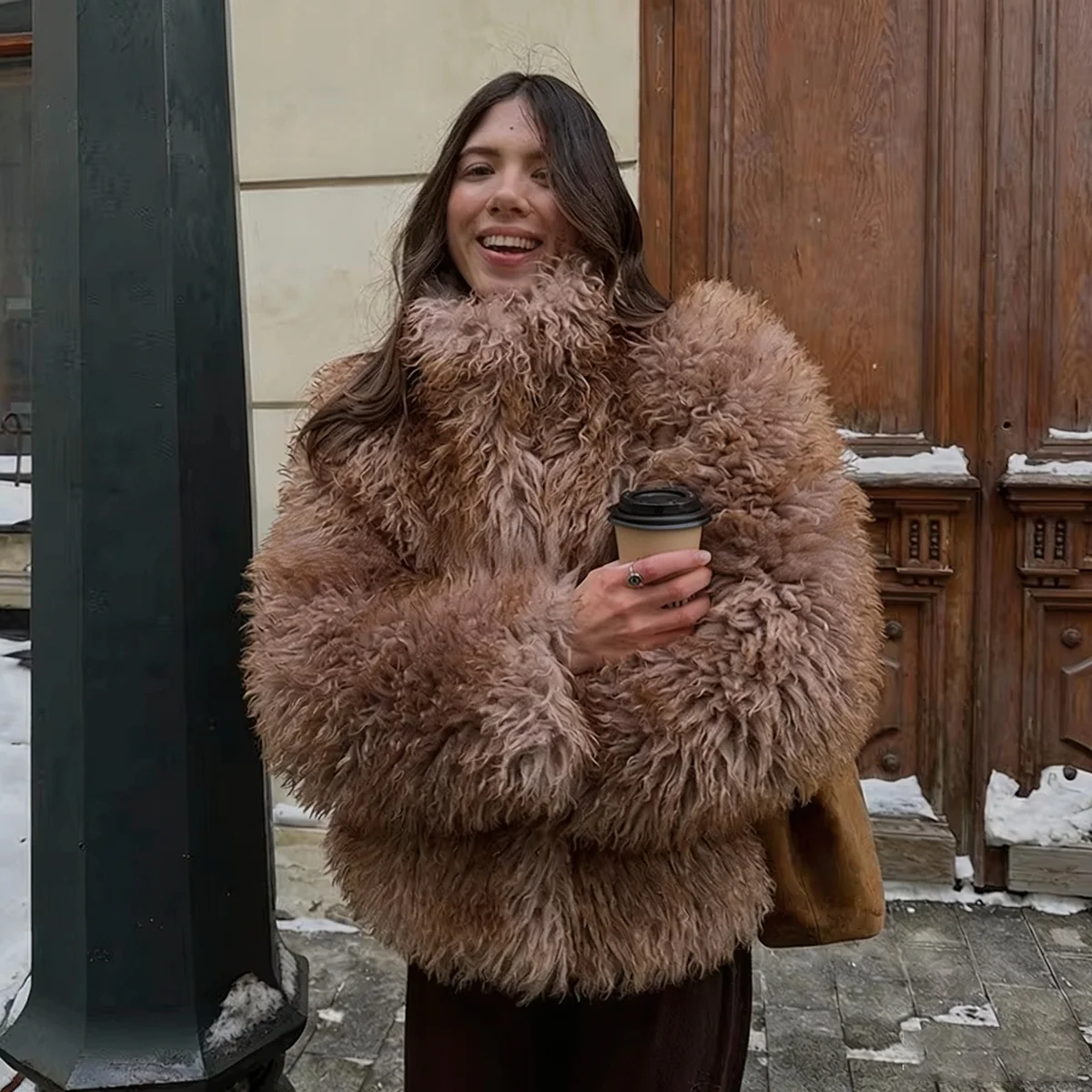 Women Winter 2026 Curly Faux Fur Coat Warm Fluffy Plush Jacket Lapel Brown Outerwear