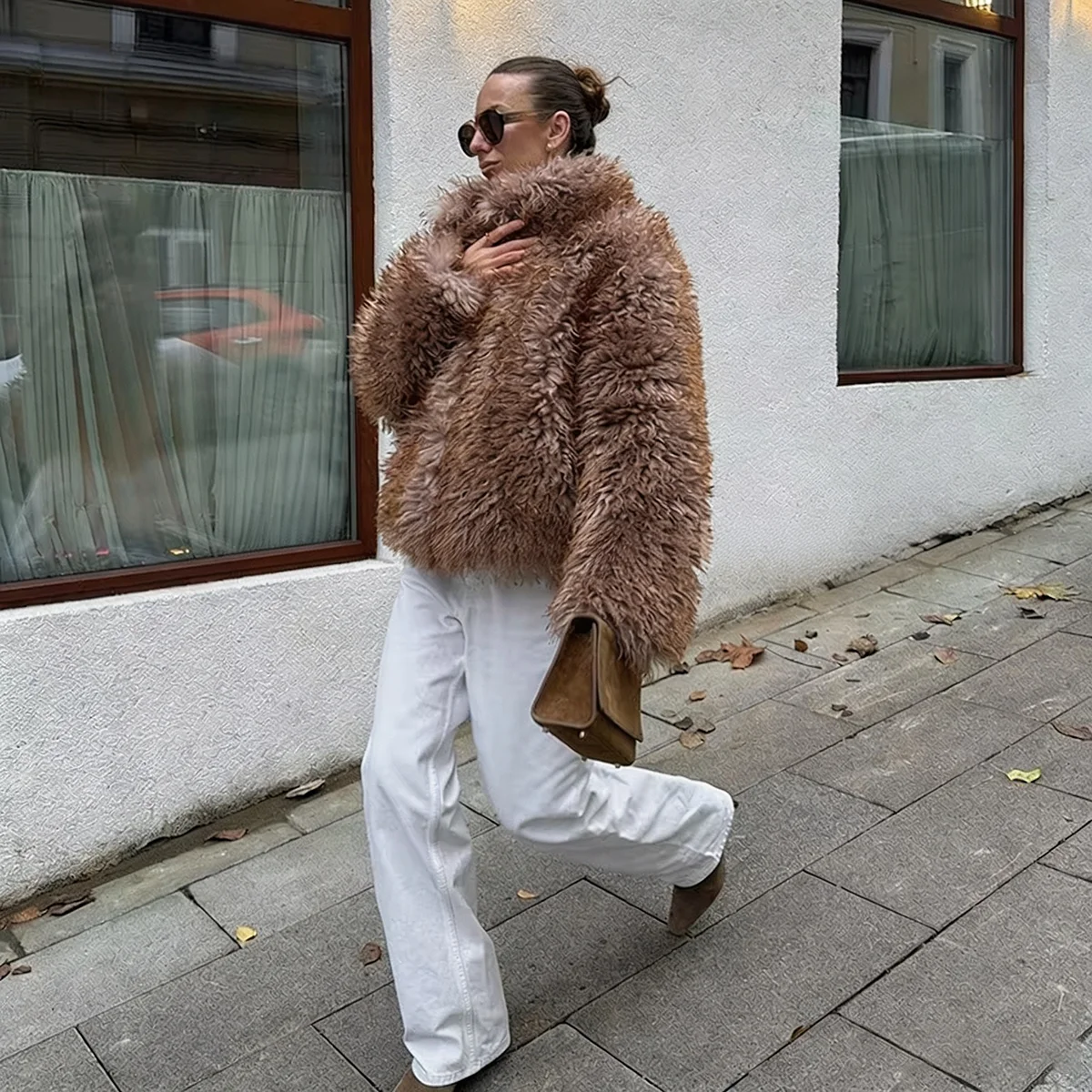 Women Winter 2026 Curly Faux Fur Coat Warm Fluffy Plush Jacket Lapel Brown Outerwear