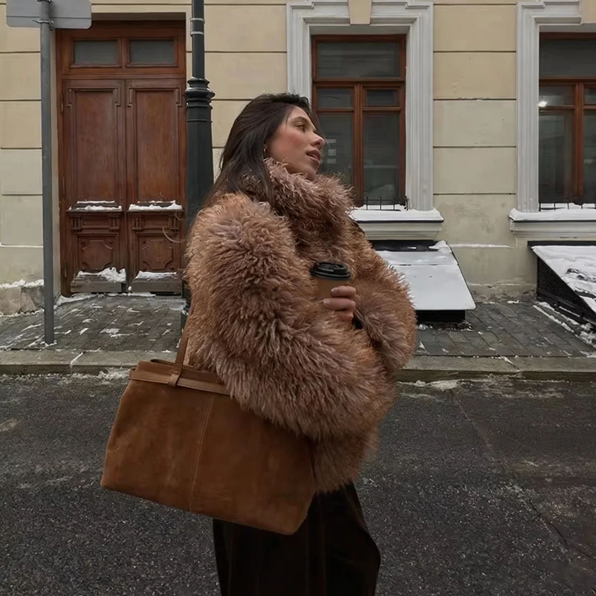 Women Winter 2026 Curly Faux Fur Coat Warm Fluffy Plush Jacket Lapel Brown Outerwear