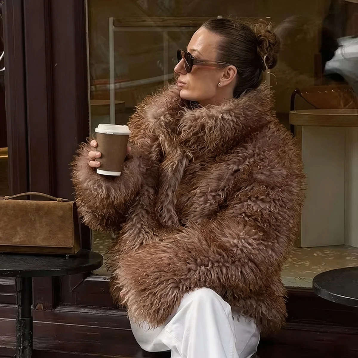Women Winter 2026 Curly Faux Fur Coat Warm Fluffy Plush Jacket Lapel Brown Outerwear