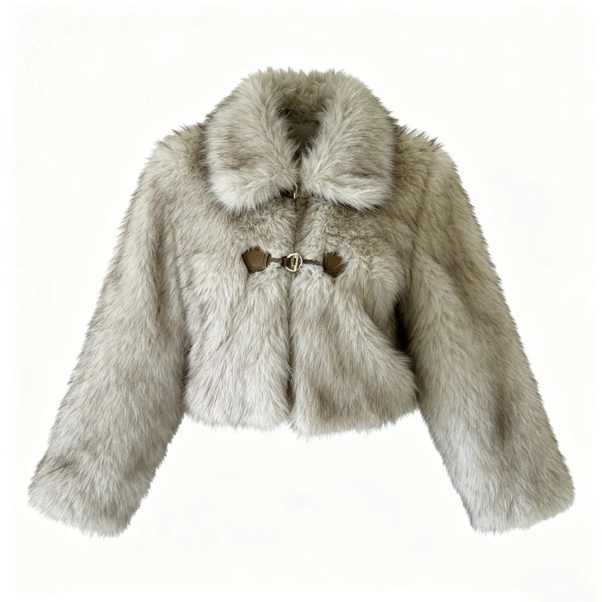 Women's Faux Fur Coat Cropped Fluffy Plush Lapel Collar Grey Warm Winter Jacket Elegant Luxe Chic Quiet Luxury