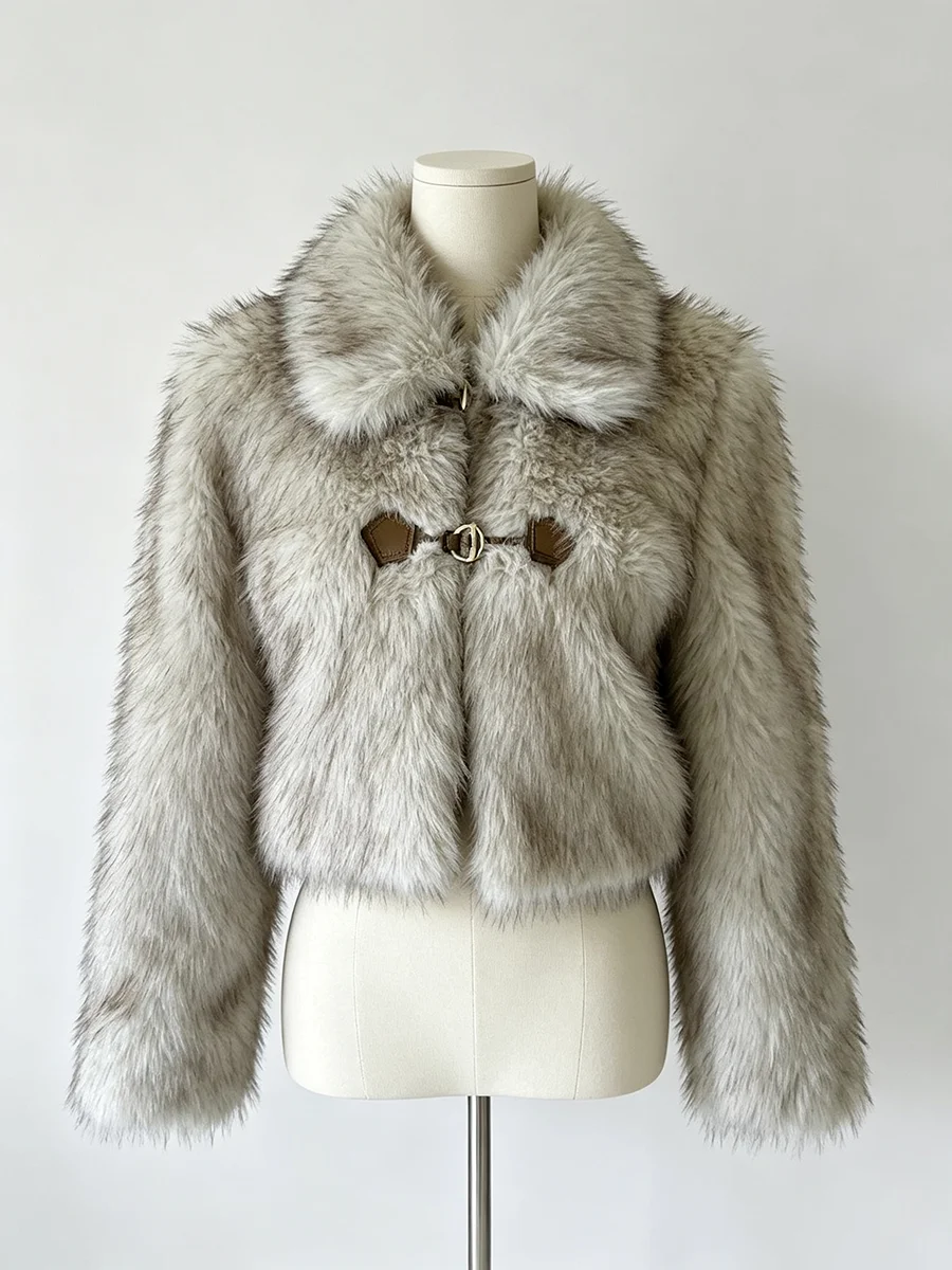 Women's Faux Fur Coat Cropped Fluffy Plush Lapel Collar Grey Warm Winter Jacket Elegant Luxe Chic Quiet Luxury