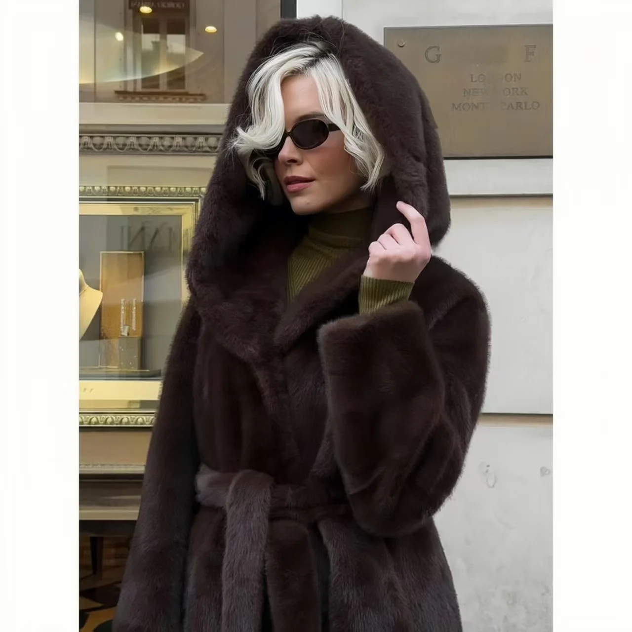 Winter Women High Quality Hooded Faux Fur Coat Luxury Long Fur Coat Loose OverCoat Thick Warm Plus Size Female Plush Coats