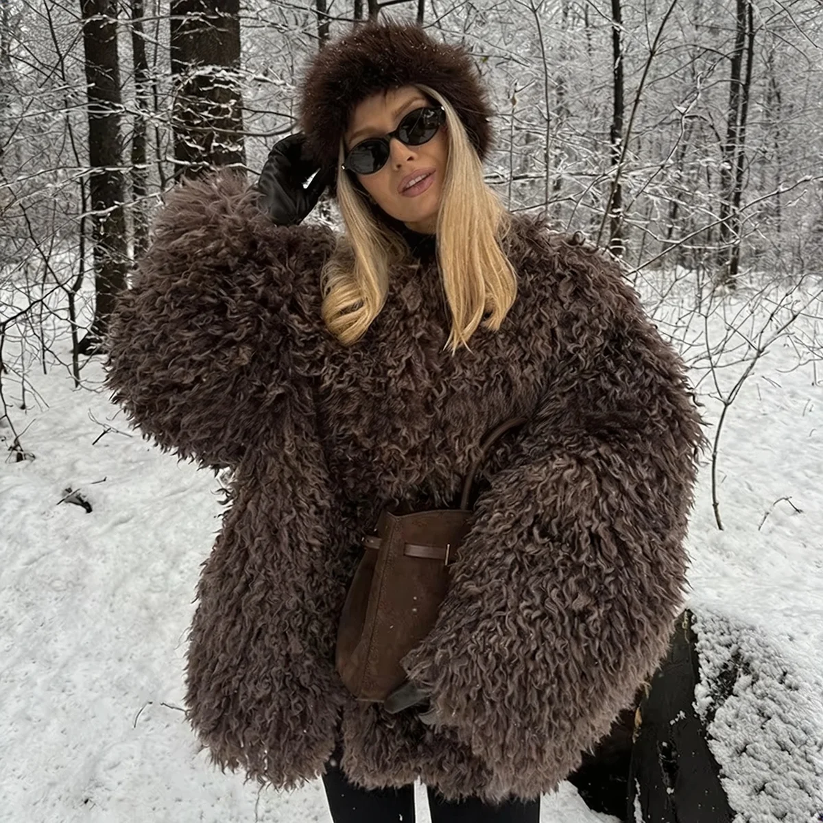 Women's Fluffy Faux Fur Coat Thick Warm Shaggy Oversized Brown Jacket TikTok Viral Streetwear Y2K Fashion Outerwear Long Sleeve