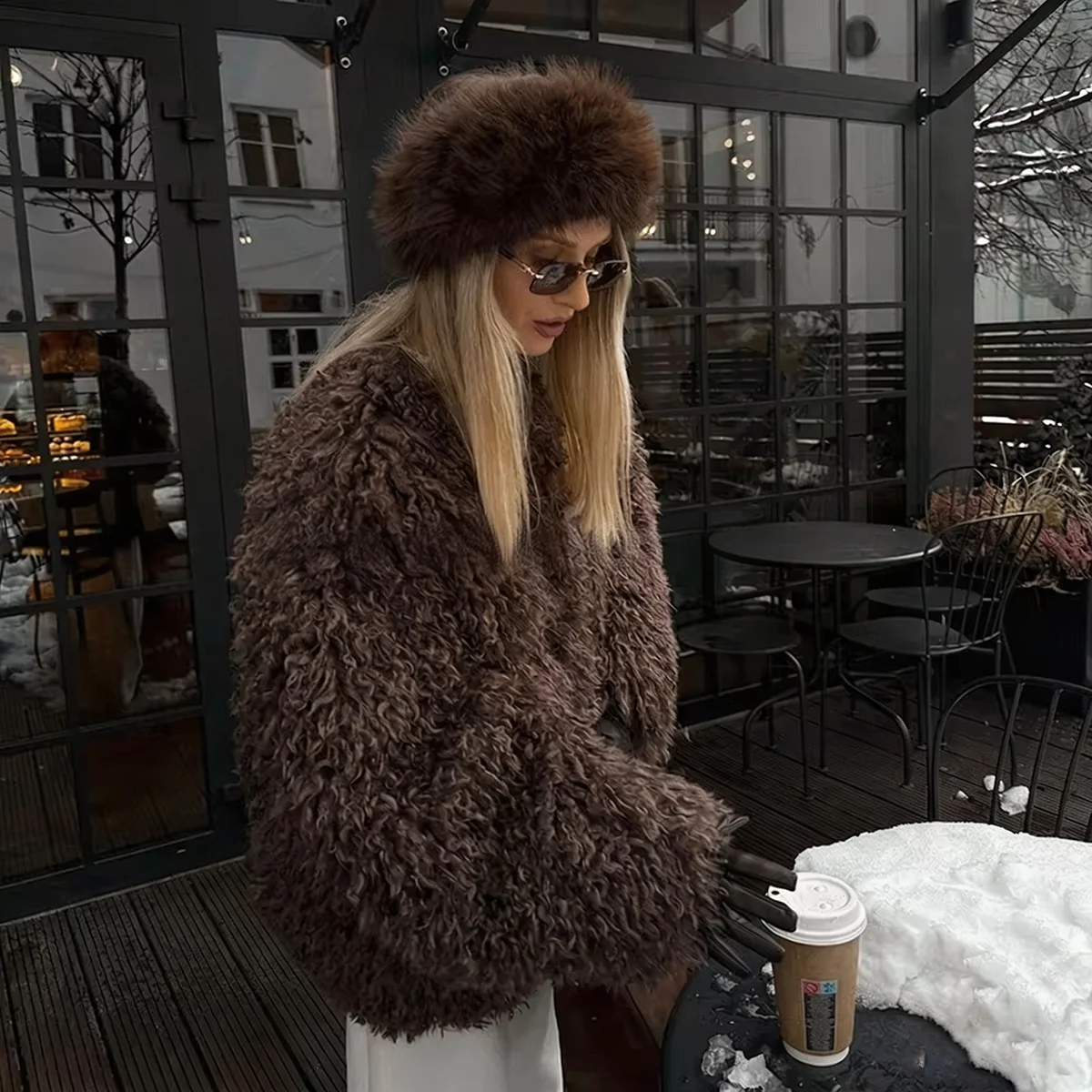 Women's Fluffy Faux Fur Coat Thick Warm Shaggy Oversized Brown Jacket TikTok Viral Streetwear Y2K Fashion Outerwear Long Sleeve