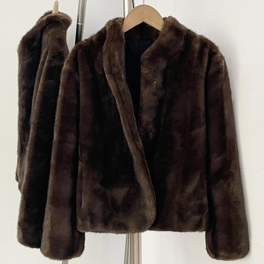 OFTBUY Women's New Autumn Winter Faux Mink Fur Coat Stand Collar Short Plush Luxury Vegan Fur Jacket Fake Fur Outerwear