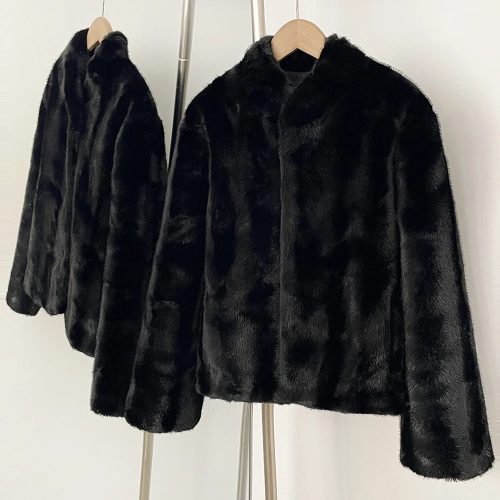 OFTBUY Women's New Autumn Winter Faux Mink Fur Coat Stand Collar Short Plush Luxury Vegan Fur Jacket Fake Fur Outerwear
