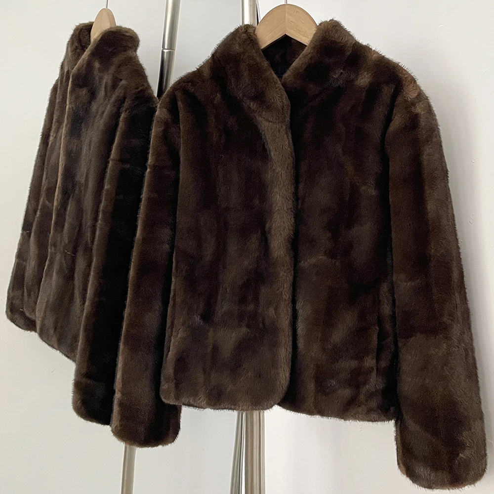 OFTBUY Women's New Autumn Winter Faux Mink Fur Coat Stand Collar Short Plush Luxury Vegan Fur Jacket Fake Fur Outerwear