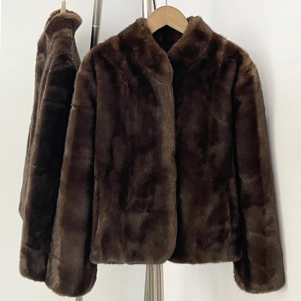 OFTBUY Women's New Autumn Winter Faux Mink Fur Coat Stand Collar Short Plush Luxury Vegan Fur Jacket Fake Fur Outerwear