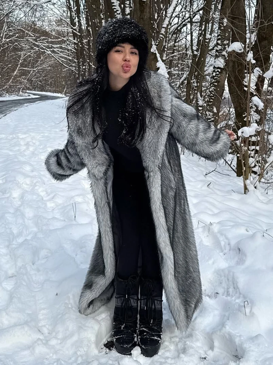 Women's Long Faux Fur Coat Silver Grey Fluffy Plush Lapel Collar Warm Thick Winter Maxi Jacket Elegant Luxe Chic