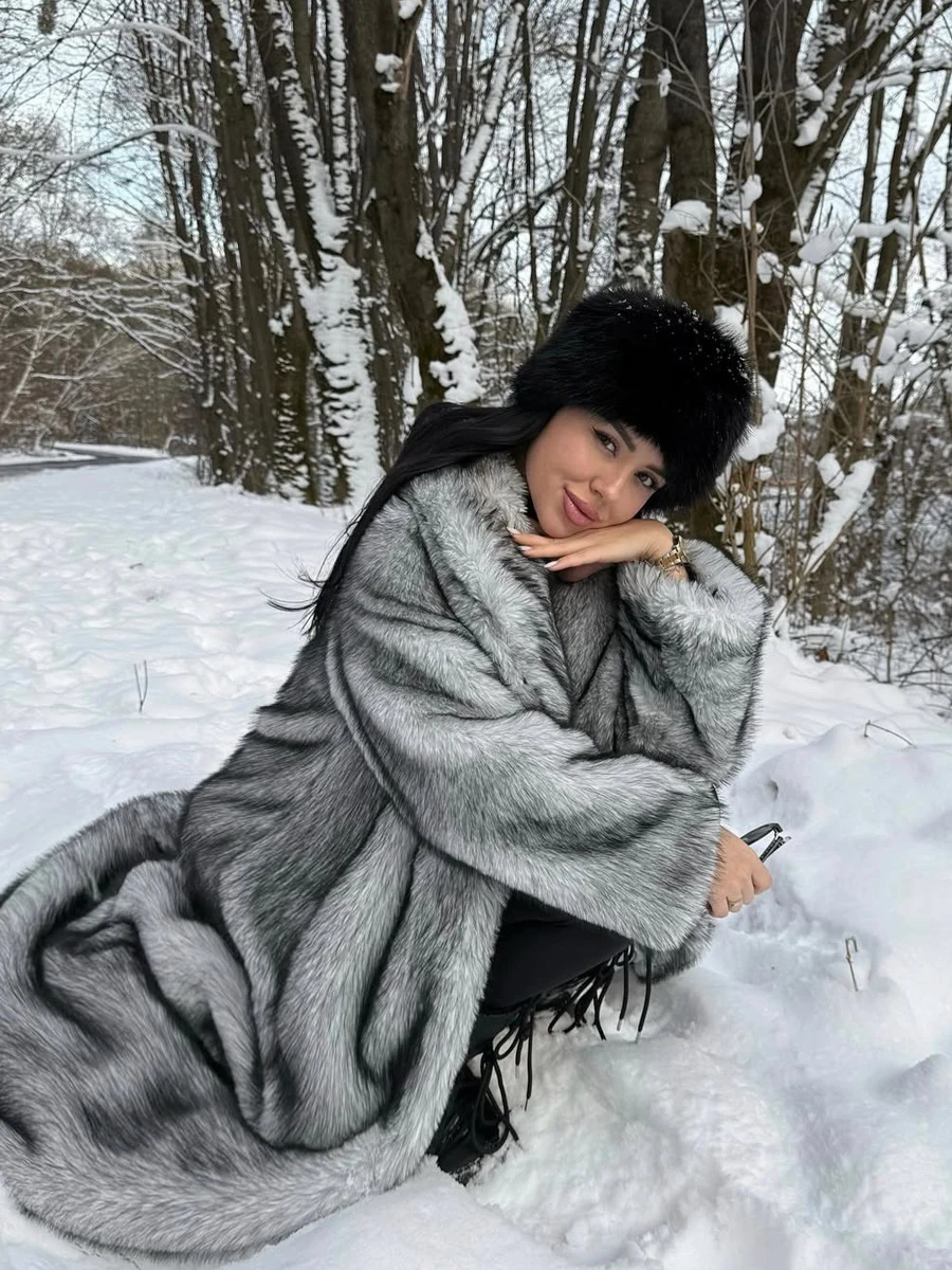 Women's Long Faux Fur Coat Silver Grey Fluffy Plush Lapel Collar Warm Thick Winter Maxi Jacket Elegant Luxe Chic