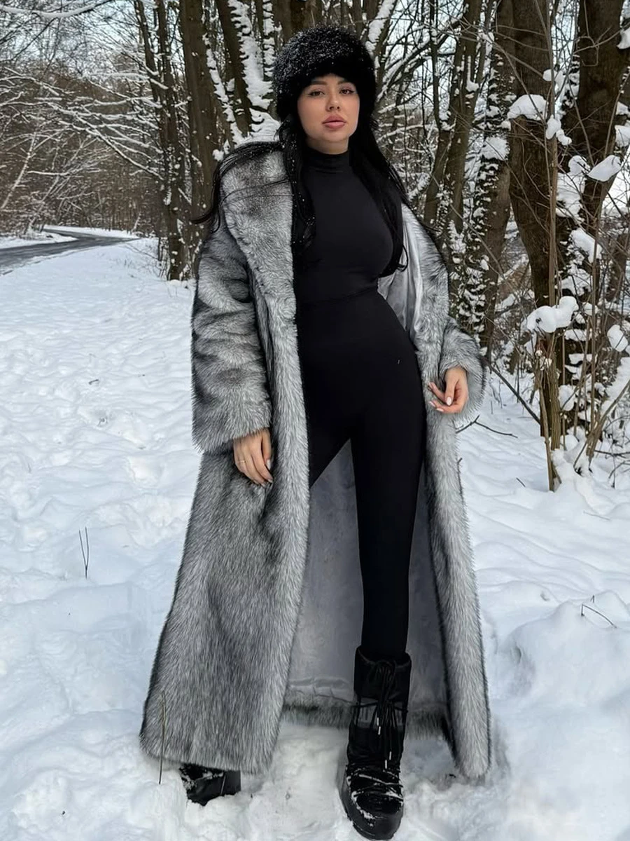 Women's Long Faux Fur Coat Silver Grey Fluffy Plush Lapel Collar Warm Thick Winter Maxi Jacket Elegant Luxe Chic