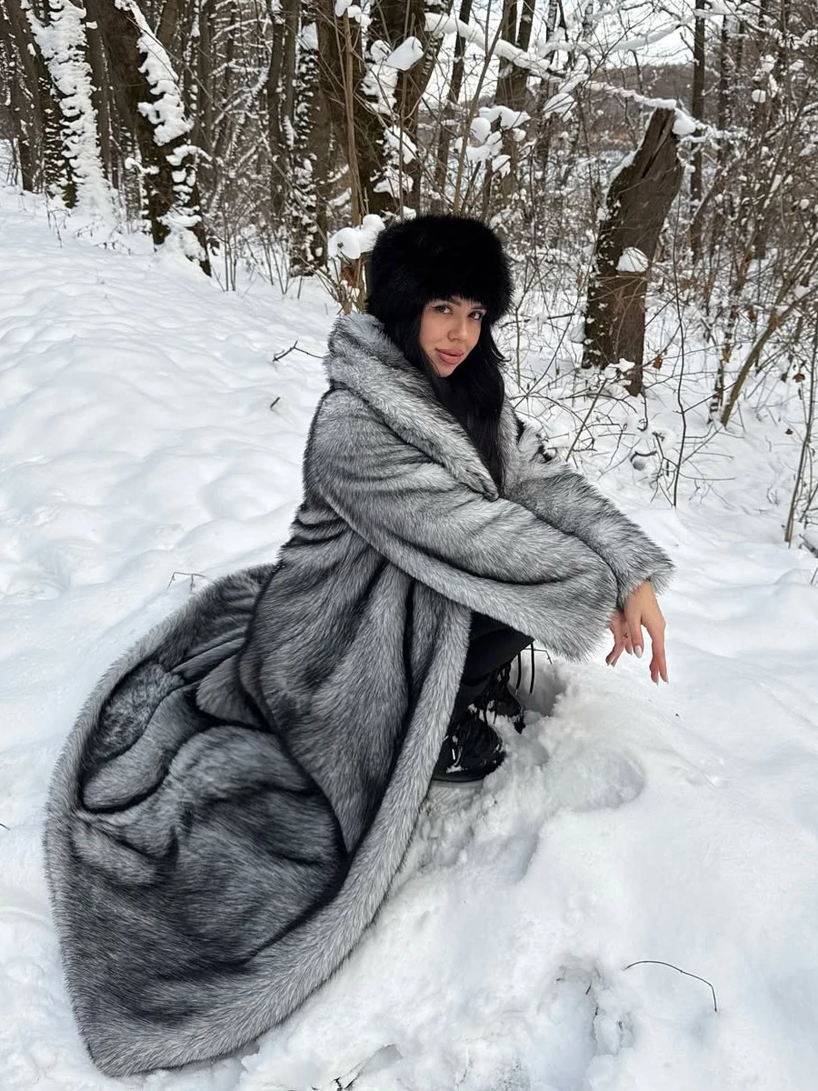 Women's Long Faux Fur Coat Silver Grey Fluffy Plush Lapel Collar Warm Thick Winter Maxi Jacket Elegant Luxe Chic