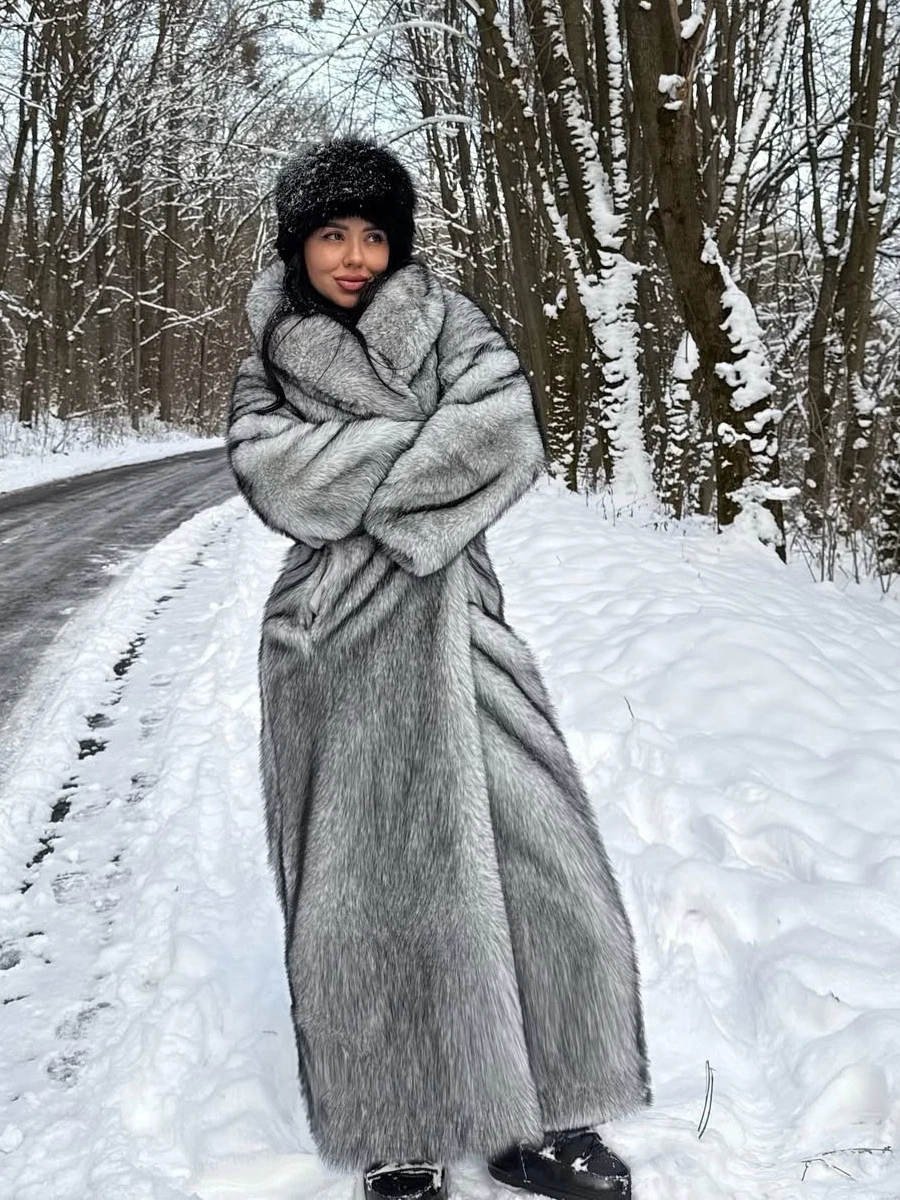 Women's Long Faux Fur Coat Silver Grey Fluffy Plush Lapel Collar Warm Thick Winter Maxi Jacket Elegant Luxe Chic