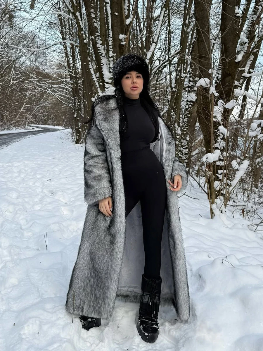 Women's Long Faux Fur Coat Silver Grey Fluffy Plush Lapel Collar Warm Thick Winter Maxi Jacket Elegant Luxe Chic