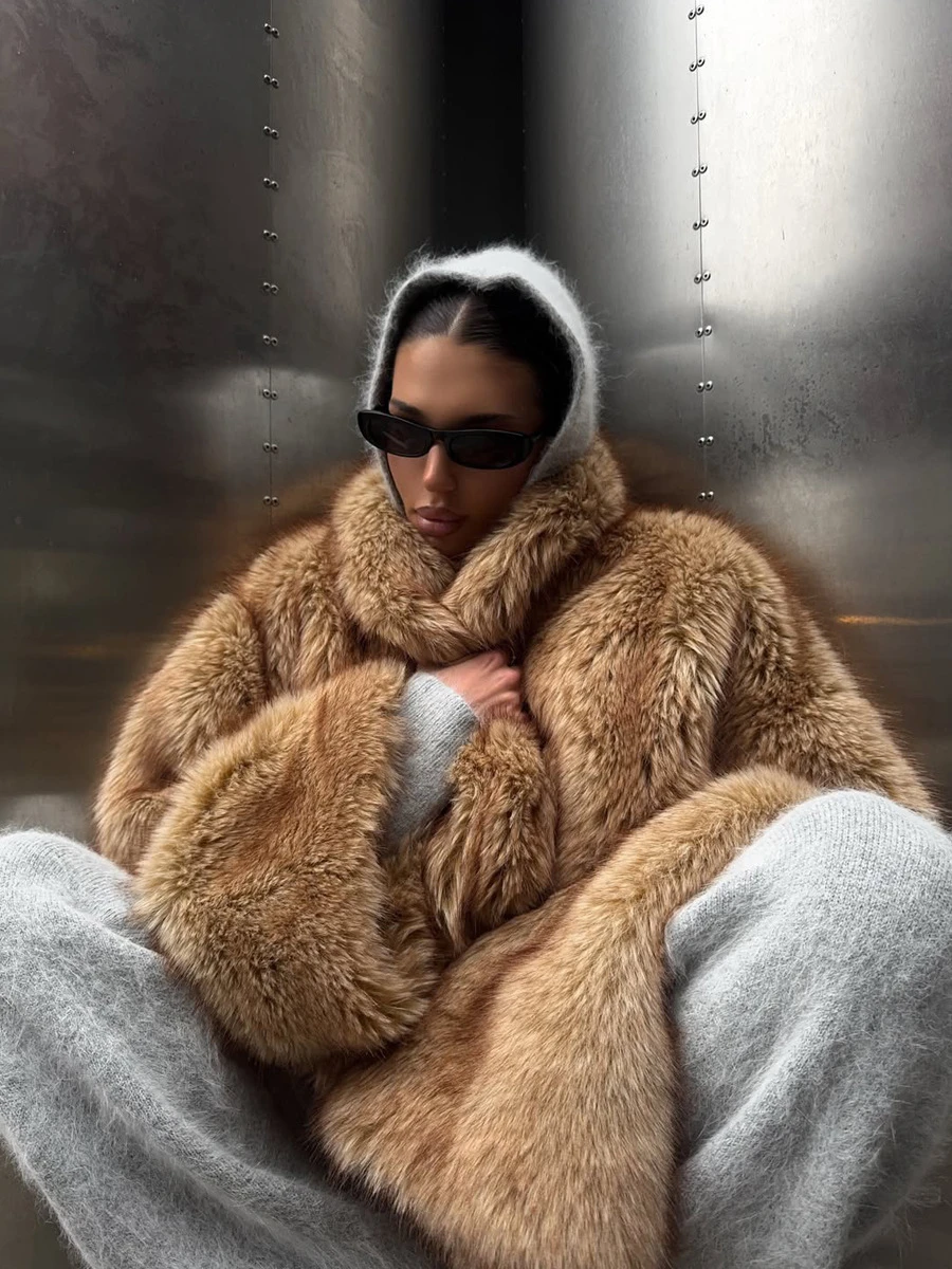 Women's Faux Fur Coat Fluffy Camel Oversized Lapel Collar Cropped Winter Warm Thick Jacket Elegant Luxe Chic Outerwear