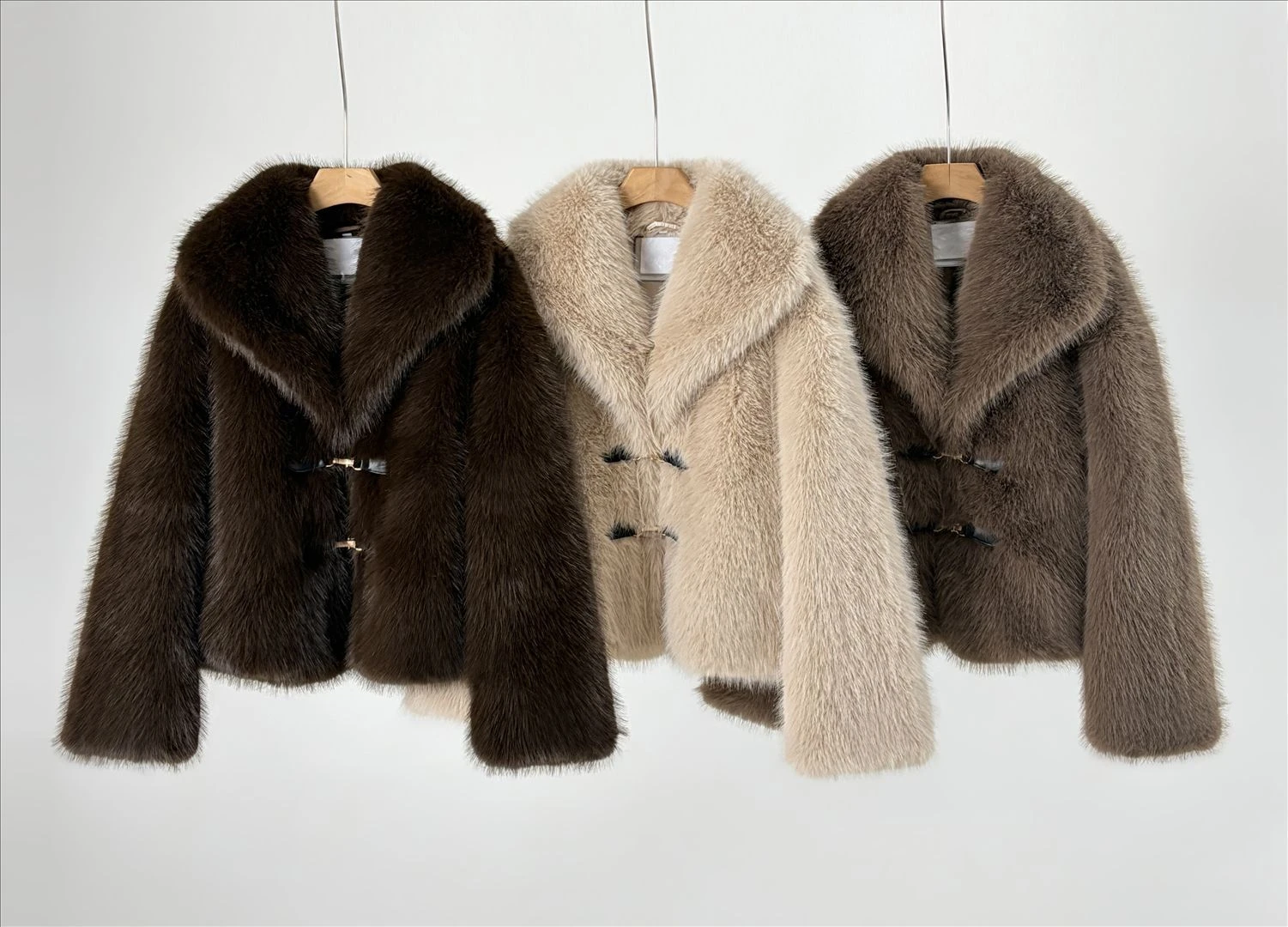 Women's Faux Fur Coat Fluffy Lapel Collar Buckle Detail Grey Short Warm Winter Jacket Elegant Luxe Chic Outerwear