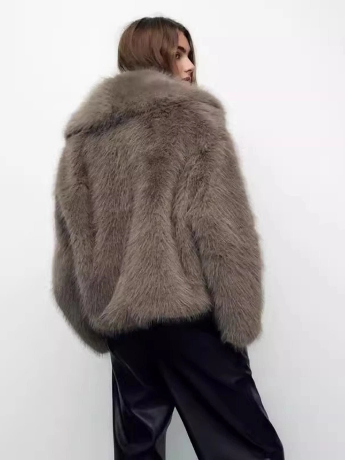 Women's Faux Fur Coat Fluffy Lapel Collar Buckle Detail Grey Short Warm Winter Jacket Elegant Luxe Chic Outerwear