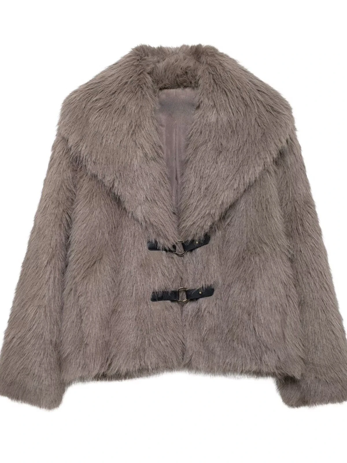 Women's Faux Fur Coat Fluffy Lapel Collar Buckle Detail Grey Short Warm Winter Jacket Elegant Luxe Chic Outerwear