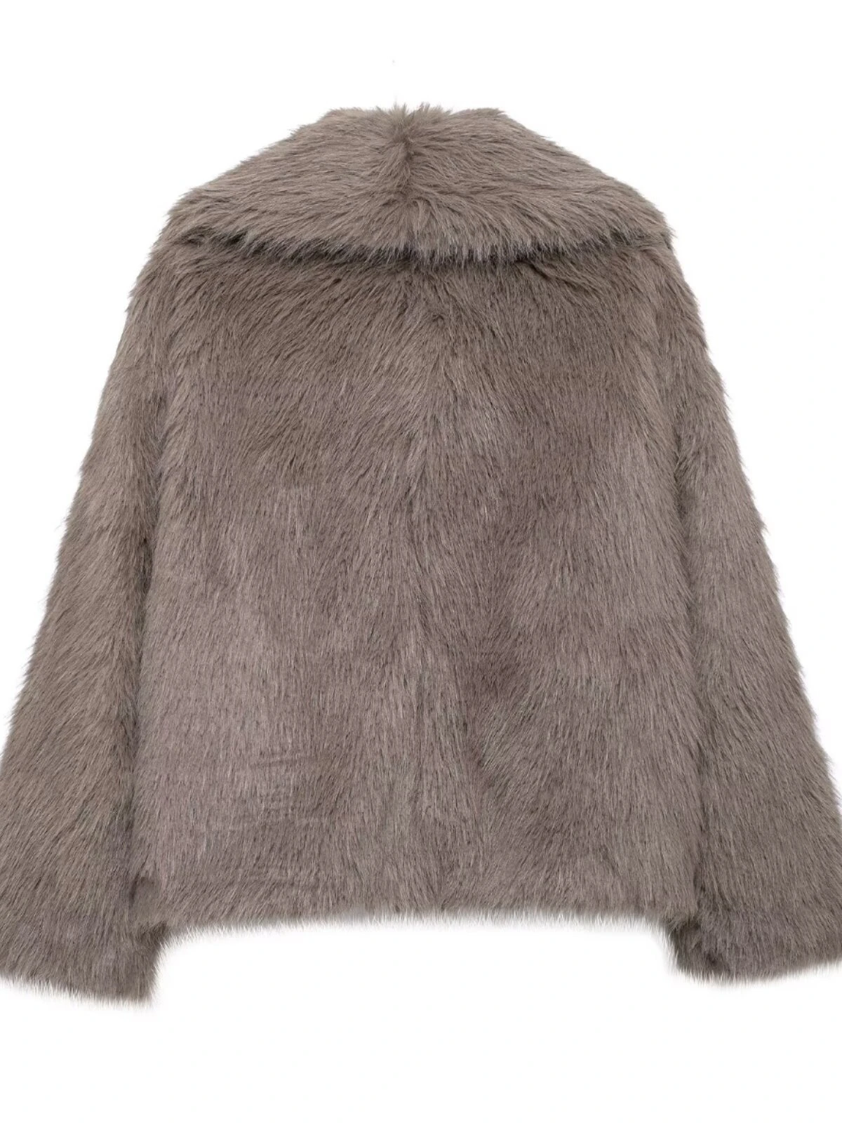 Women's Faux Fur Coat Fluffy Lapel Collar Buckle Detail Grey Short Warm Winter Jacket Elegant Luxe Chic Outerwear