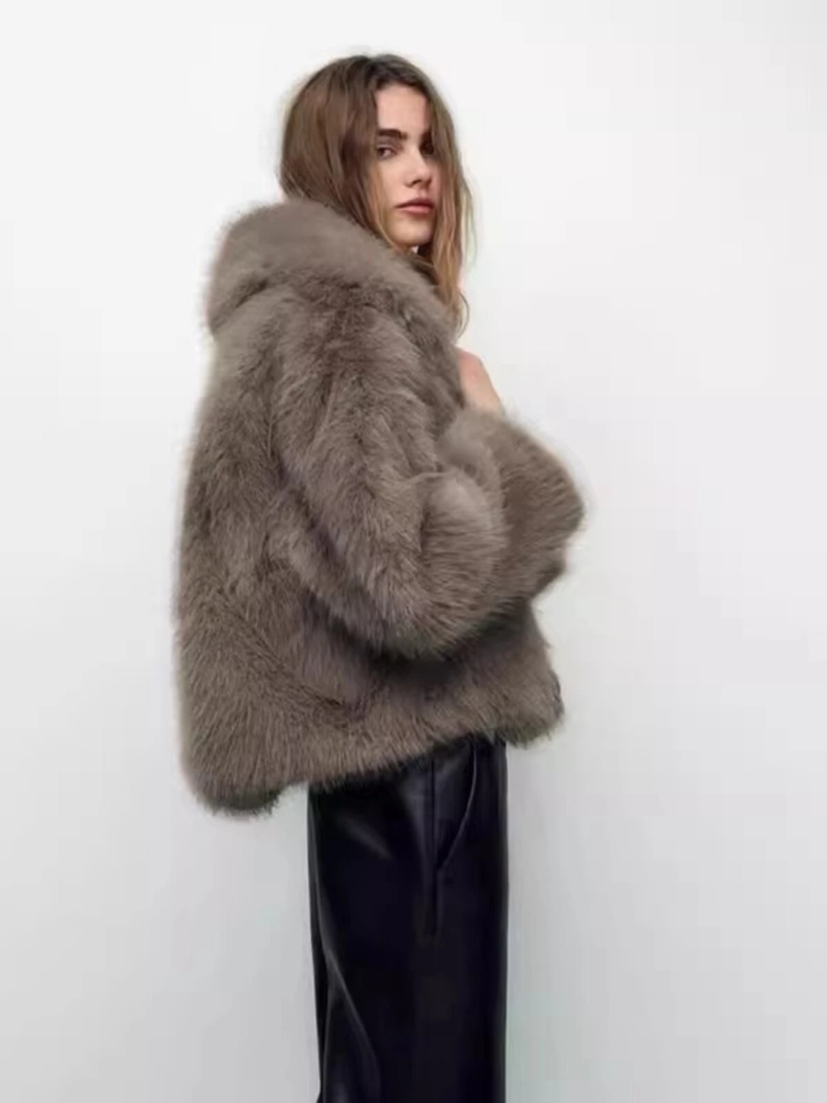 Women's Faux Fur Coat Fluffy Lapel Collar Buckle Detail Grey Short Warm Winter Jacket Elegant Luxe Chic Outerwear