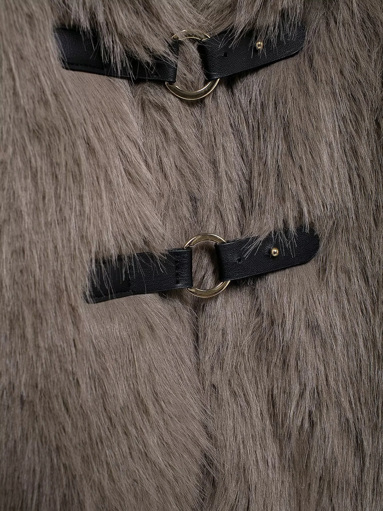 Women's Faux Fur Coat Fluffy Lapel Collar Buckle Detail Grey Short Warm Winter Jacket Elegant Luxe Chic Outerwear
