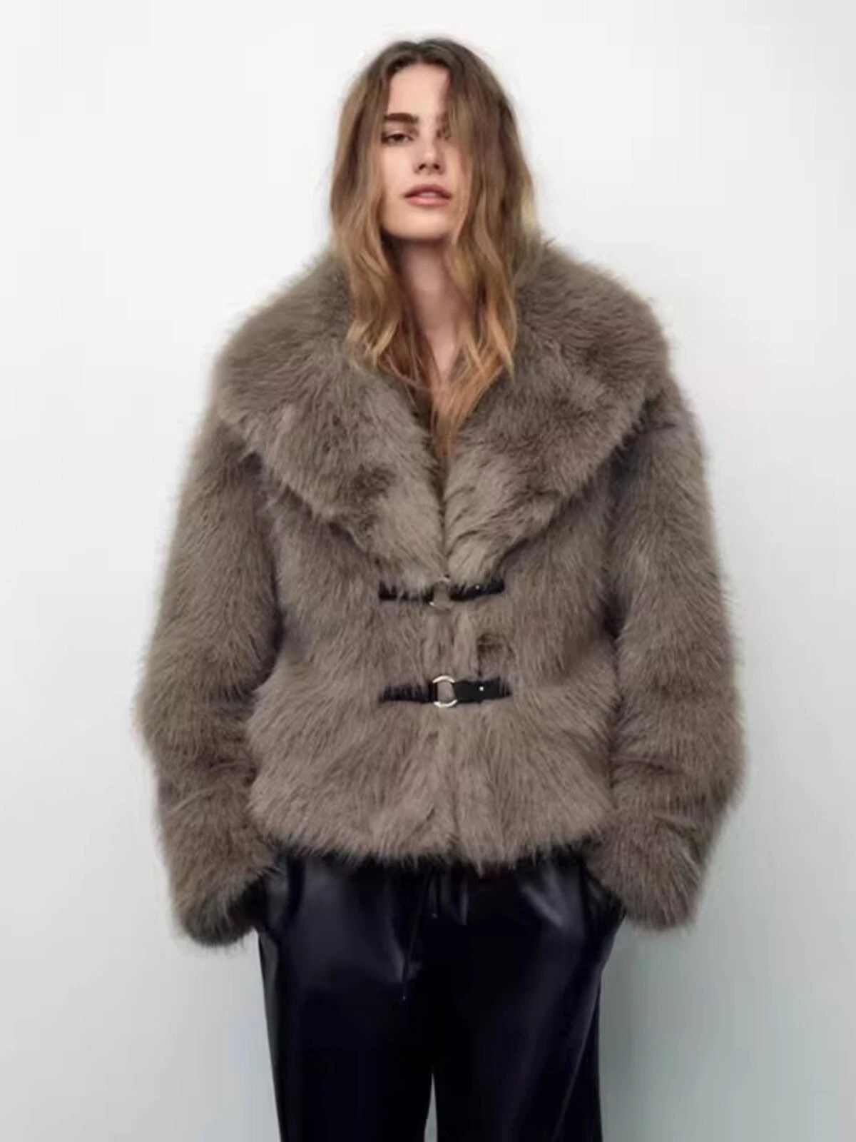 Women's Faux Fur Coat Fluffy Lapel Collar Buckle Detail Grey Short Warm Winter Jacket Elegant Luxe Chic Outerwear