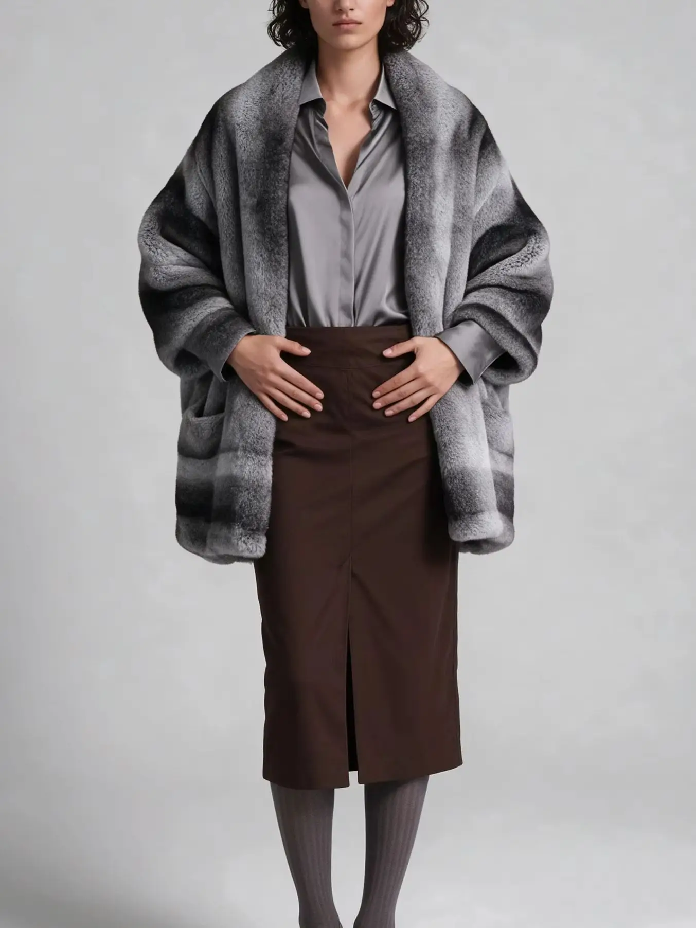 Women Grey Black Gradient Faux Fur Shawl Cape with Side Pockets, Winter Warm Elegant Bridal Evening Commuter Layering Outerwear
