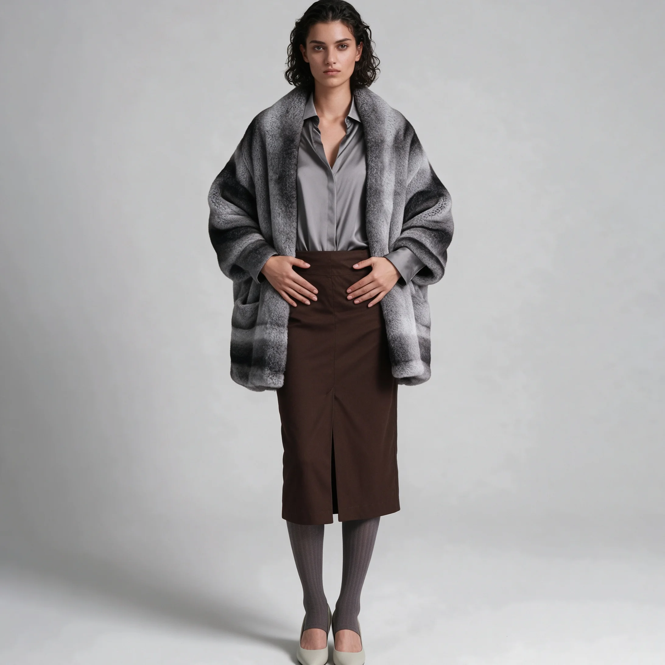 Women Grey Black Gradient Faux Fur Shawl Cape with Side Pockets, Winter Warm Elegant Bridal Evening Commuter Layering Outerwear