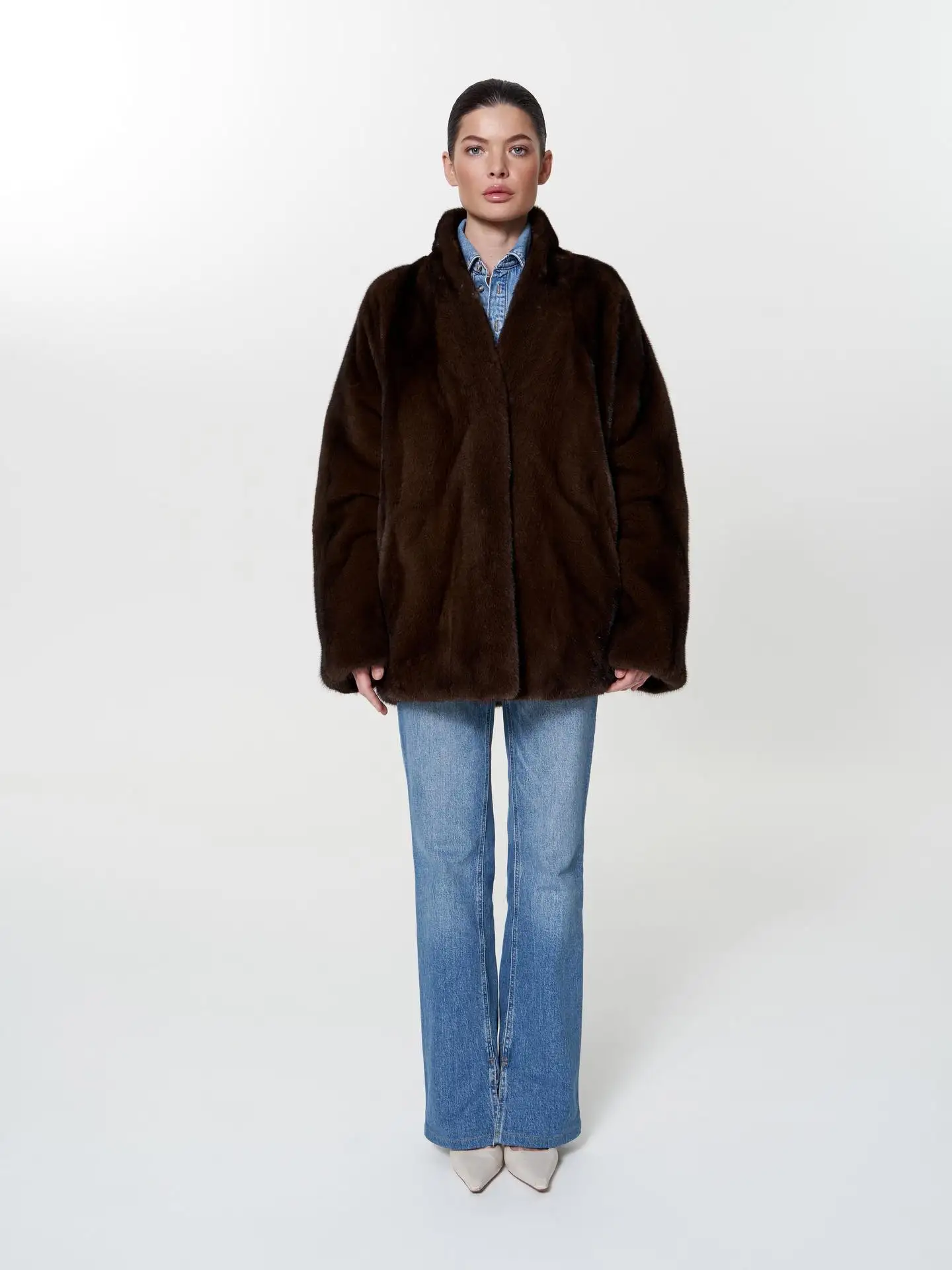 Women Winter Faux Fur Coat 2026 Warm Dark Brown Fluffy Plush Jacket Lapel Open Front Outerwear