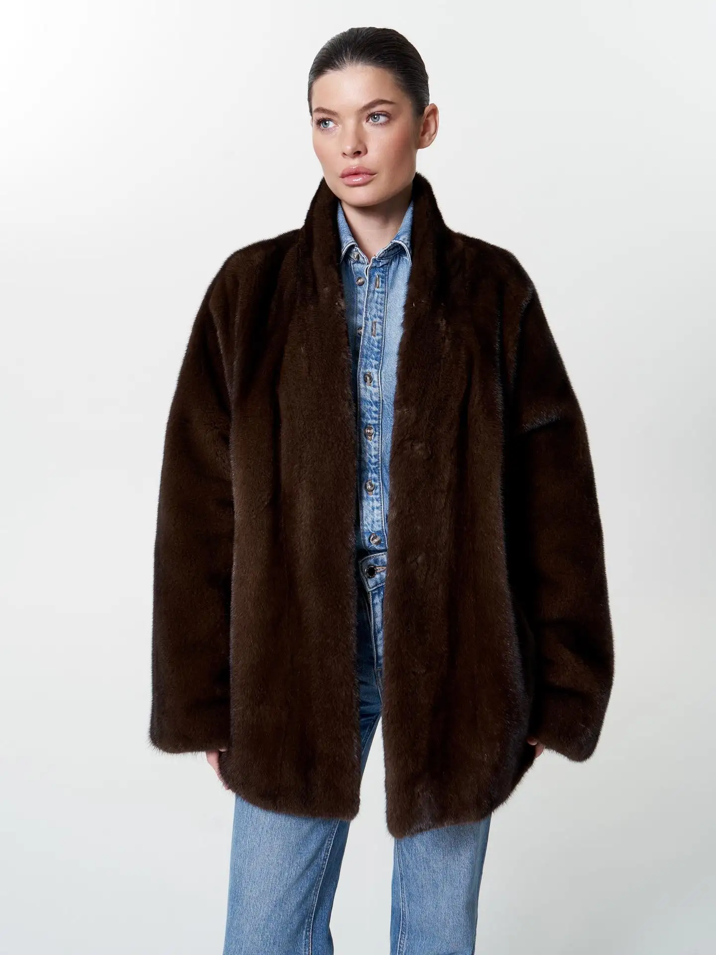 Women Winter Faux Fur Coat 2026 Warm Dark Brown Fluffy Plush Jacket Lapel Open Front Outerwear