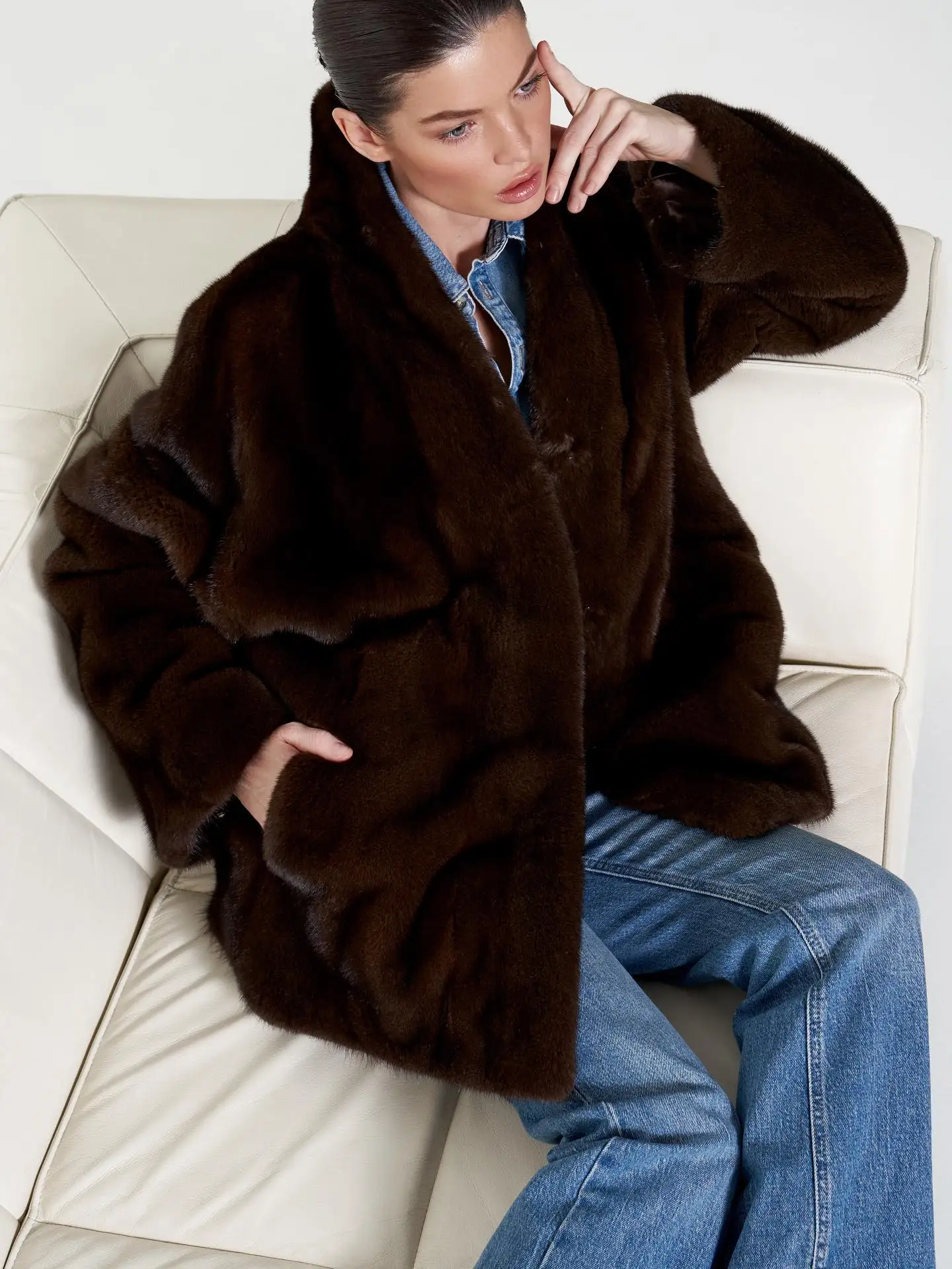 Women Winter Faux Fur Coat 2026 Warm Dark Brown Fluffy Plush Jacket Lapel Open Front Outerwear