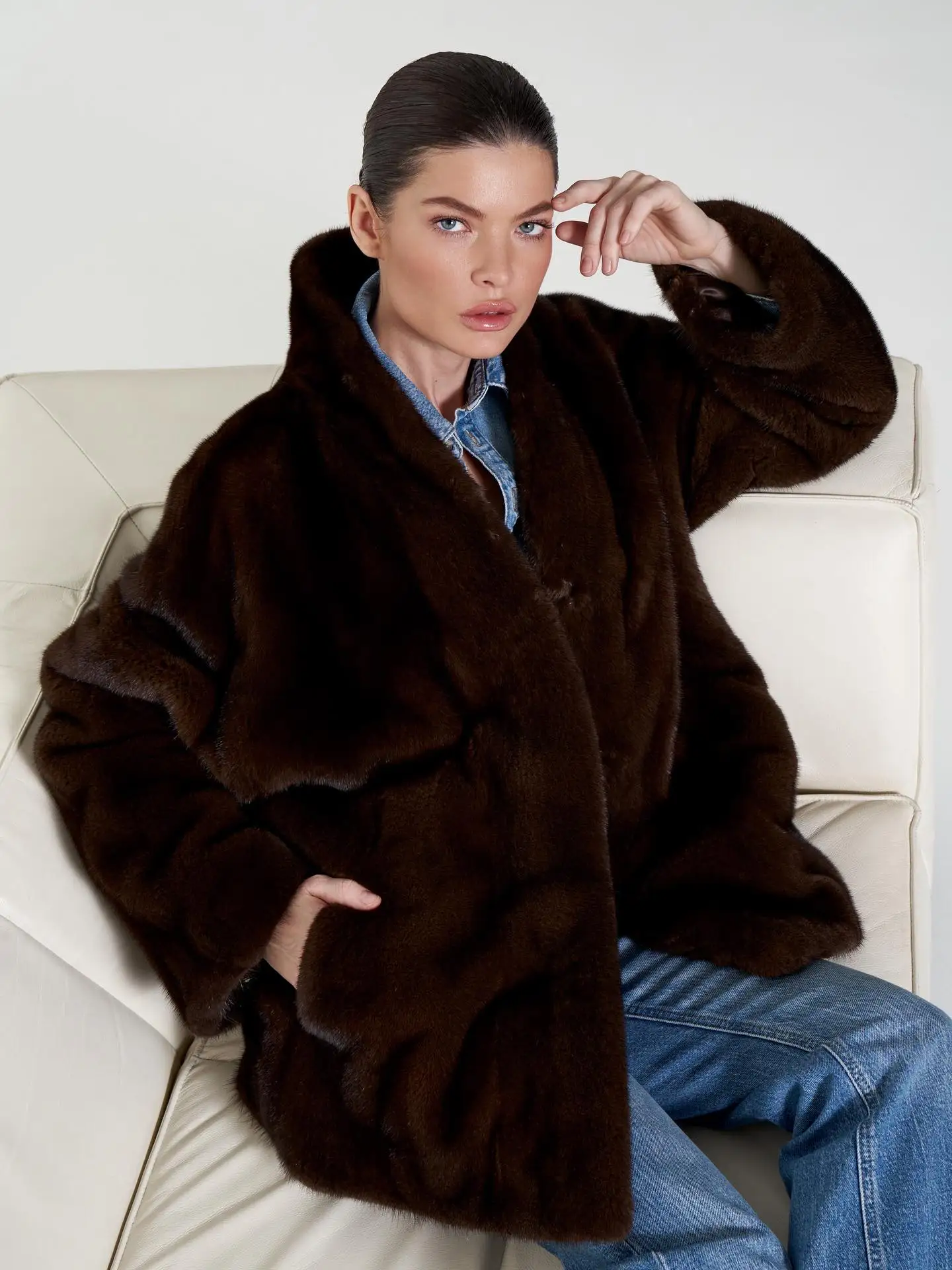 Women Winter Faux Fur Coat 2026 Warm Dark Brown Fluffy Plush Jacket Lapel Open Front Outerwear