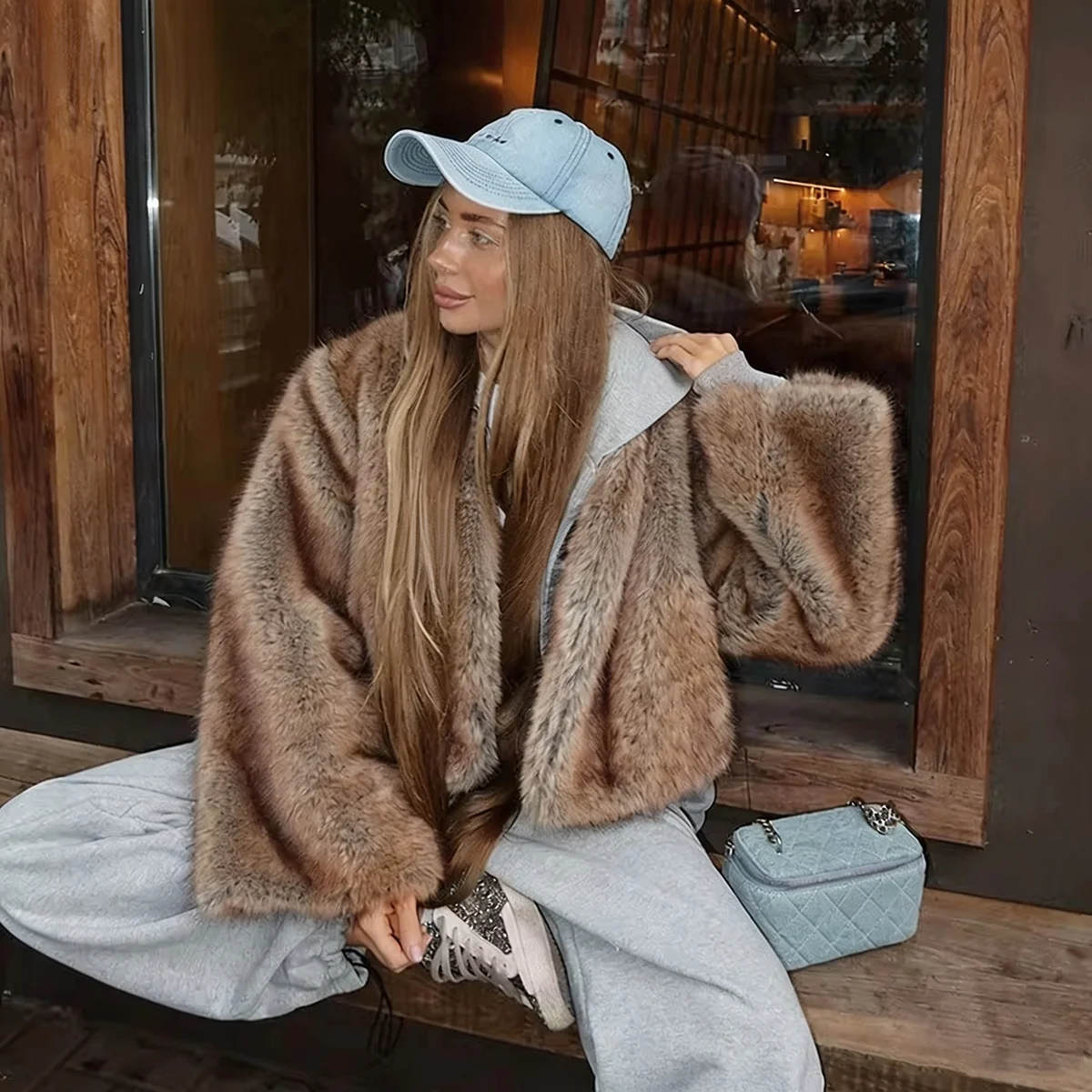 Women Winter Faux Fur Coat 2026 Warm Chestnut Fluffy Plush Cropped Jacket Lapel Open Front Outerwear