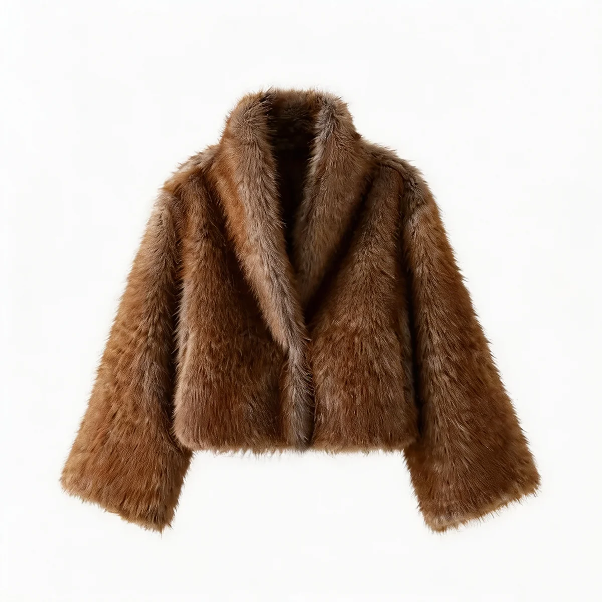 Women Winter Faux Fur Coat 2026 Warm Chestnut Fluffy Plush Cropped Jacket Lapel Open Front Outerwear