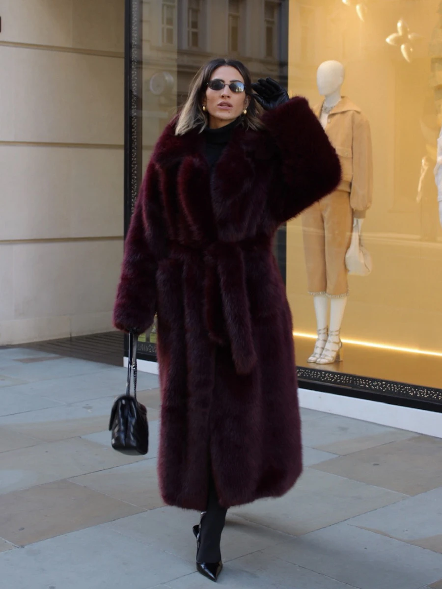 Women Winter Long Faux Fur Coat 2026 Warm Burgundy Belted Maxi Jacket Lapel Plush Overcoat Elegant Luxury Outwear