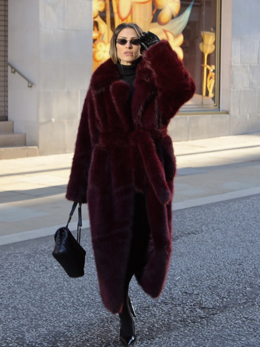 Women Winter Long Faux Fur Coat 2026 Warm Burgundy Belted Maxi Jacket Lapel Plush Overcoat Elegant Luxury Outwear