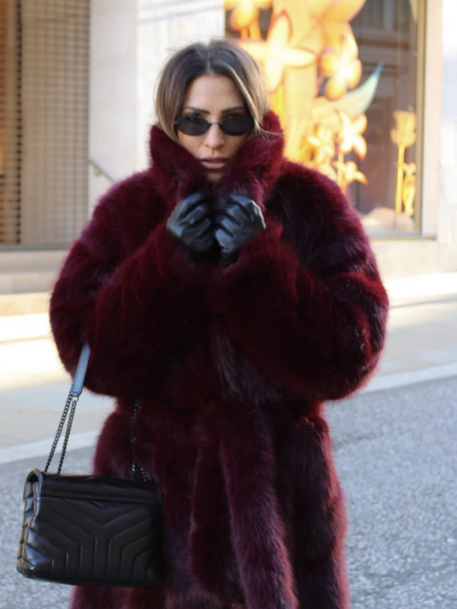 Women Winter Long Faux Fur Coat 2026 Warm Burgundy Belted Maxi Jacket Lapel Plush Overcoat Elegant Luxury Outwear