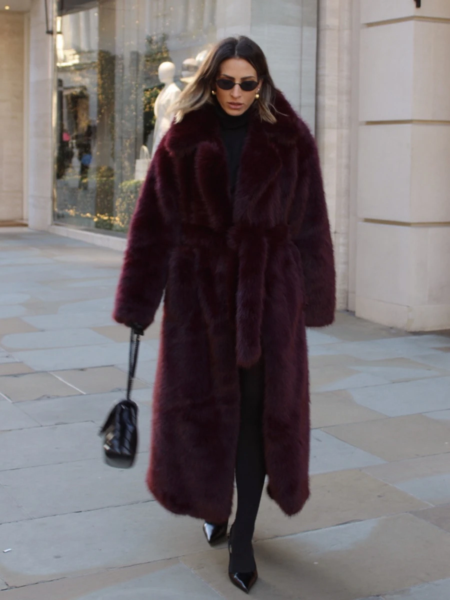 Women Winter Long Faux Fur Coat 2026 Warm Burgundy Belted Maxi Jacket Lapel Plush Overcoat Elegant Luxury Outwear